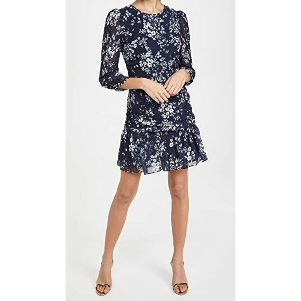 Shoshanna NWT Blue Dress Floral Metallic Ruched 4